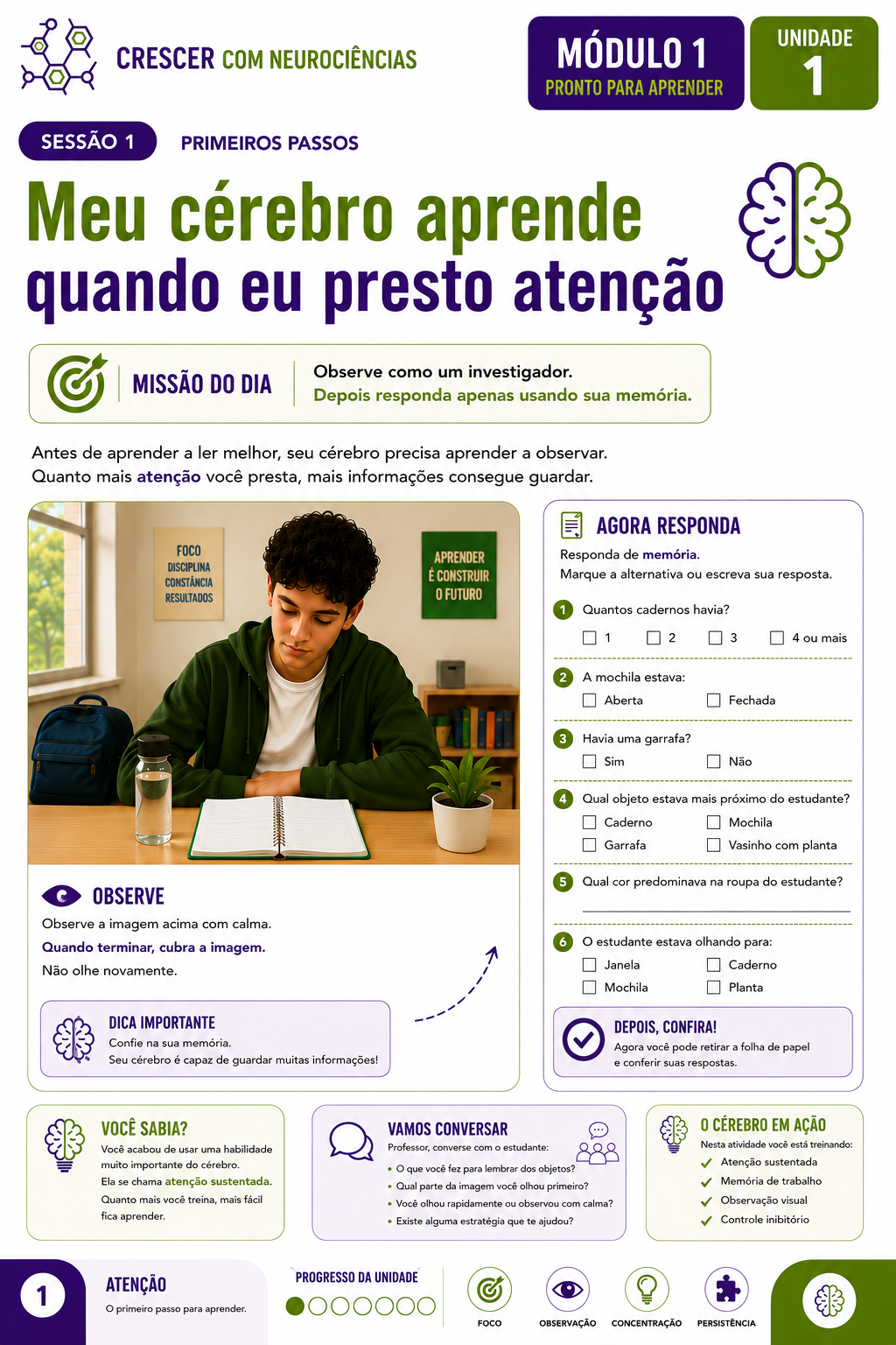 Página de atividade do material Crescer com Neurociências